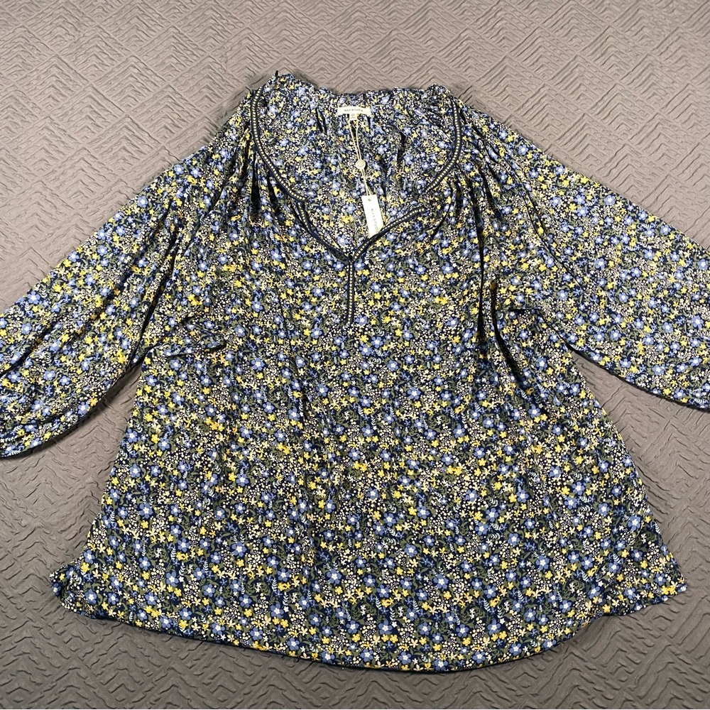 NEW Max Studio Blue Floral Peasant Blouse Plus Size 3X